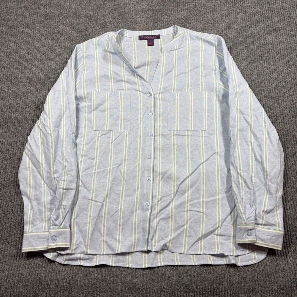 Gloria Vanderbilt Shirt Womens XL Blue White Green Striped Button Up Top Blouse